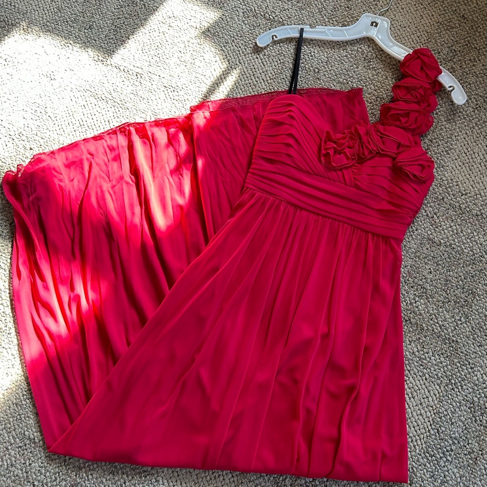 David's Bridal One Shoulder Flower Detail Chiffon Fuchsia Color Formal Dress Sz7
